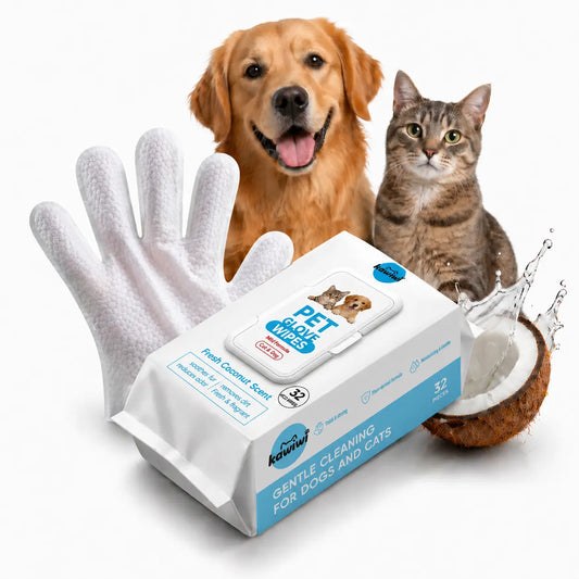 Kawiwi 32-Count Hypoallergenic Pet Grooming Wipes with Coconut Scent, Disposable Glove Wipes for Dogs and Cats, No-Rinse Dry Cleaning Solution for Fur Nourishment, Hair Removal, and Skin Care for Daily and Travel Use