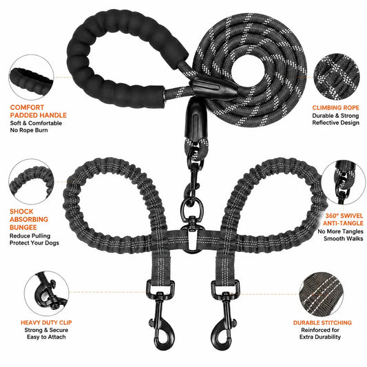 Kigifuture Dual Dog Leash with 360° Swivel and Shock Absorbing Bungee for Tangle-Free Walking of Two Dogs